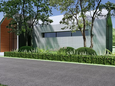 Modern Green Exterior Building With Trees Trimmed Hedge And Asphalt Driveway 3d model
