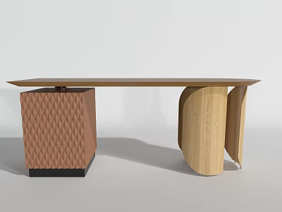Modern Desk With Diamond Patterned Brown Cabinet And Curved Wooden Support 3d model