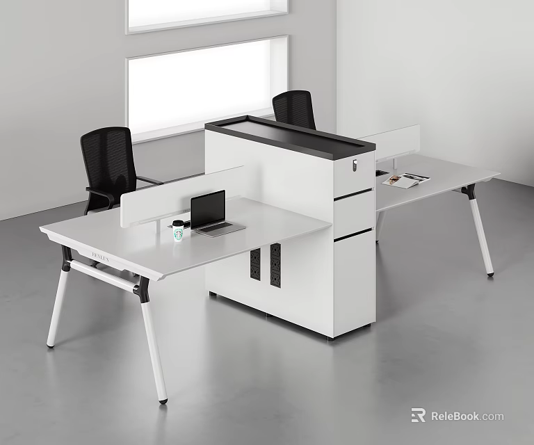 Modern Office Desk With White Surface Divider Cabinet Laptop And Black Chairs 3d model 