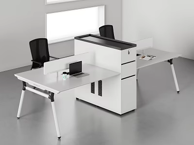 Modern Office Desk With White Surface Divider Cabinet Laptop And Black Chairs 3d model