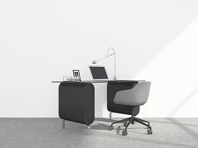 Modern Office Desk With Laptop Table Lamp Photo Frame And Gray Chair 3d model