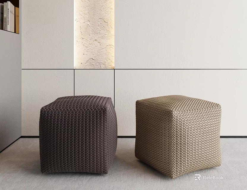 Woven Dark Brown and Tan Stools in Minimalist Interior with White Walls 3d model 