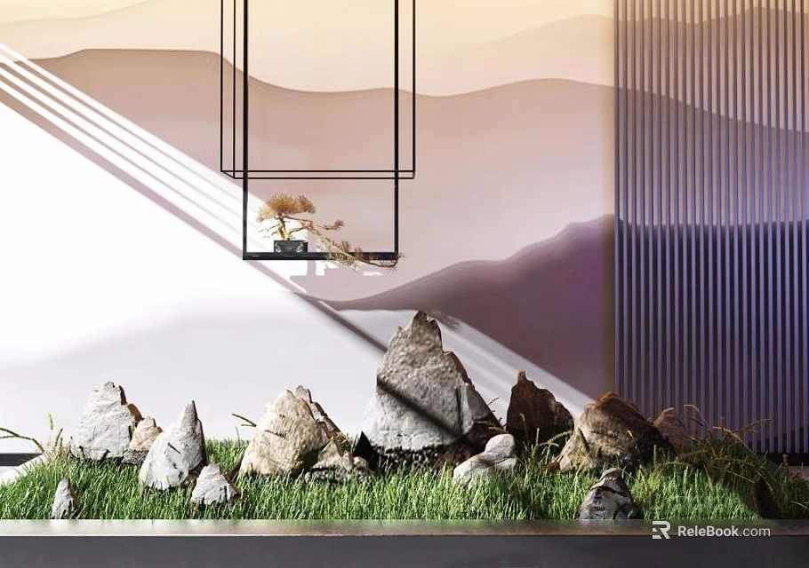 Artistic Garden Ornament Design With Natural Rocks Lush Grass And Mountain Background Under Soft Sunlight 3d model 