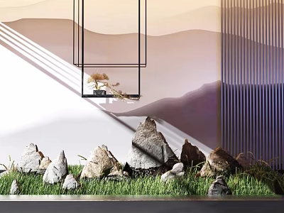 Artistic Garden Ornament Design With Natural Rocks Lush Grass And Mountain Background Under Soft Sunlight 3d model
