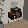 Wooden Side Table with Metal Legs Holding Record Player and Storage with Vinyl and Books