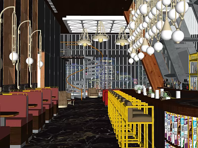 Modern Bar Interior With Yellow Bar Stools Chandeliers And Bookshelves 3d model