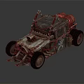 Modified Military Vehicle With Spiked Front Large Tires Rustic Metal Frame And Red Accents