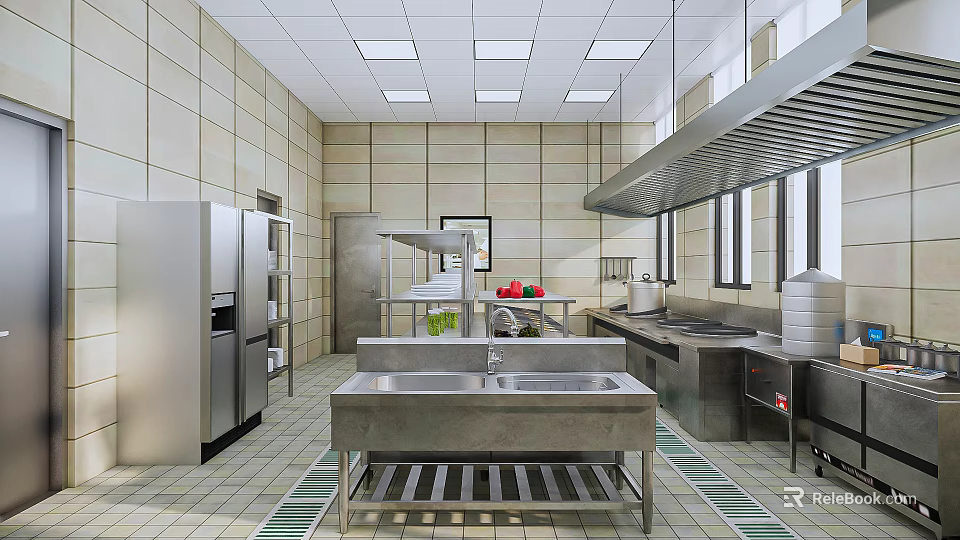 Commercial Restaurant Kitchen With Stainless Steel Worktables Sinks Tiled Walls And Ceiling Lights 3d model 