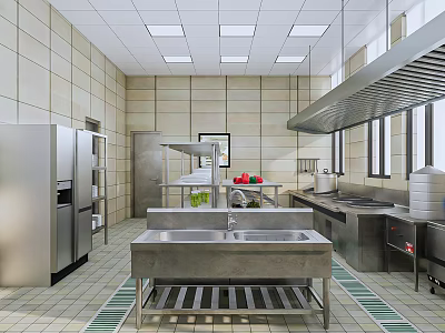 Commercial Restaurant Kitchen With Stainless Steel Worktables Sinks Tiled Walls And Ceiling Lights 3d model