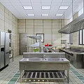 Commercial Restaurant Kitchen With Stainless Steel Worktables Sinks Tiled Walls And Ceiling Lights