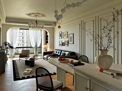 Elegant Modern Living And Dining Room Interior With Sofa Dining Table Chandelier And Decorative Paintings 3d model