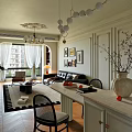 Elegant Modern Living And Dining Room Interior With Sofa Dining Table Chandelier And Decorative Paintings