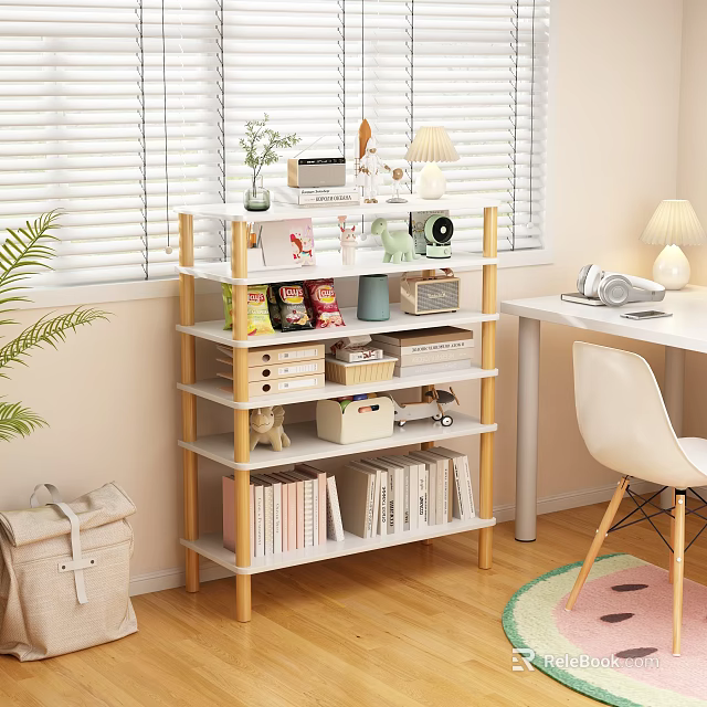 Modern Wooden Multilayer Storage Shelf With Books Decorative Boxes And Green Plants 3d model 