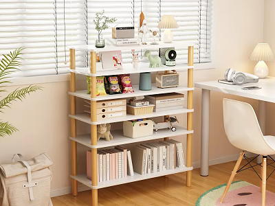 Modern Wooden Multilayer Storage Shelf With Books Decorative Boxes And Green Plants 3d model