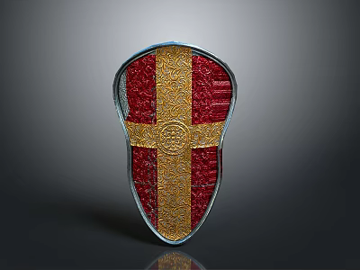 Ornate Medieval Shield With Red Background Gold Cross And Intricate Patterns 3d model