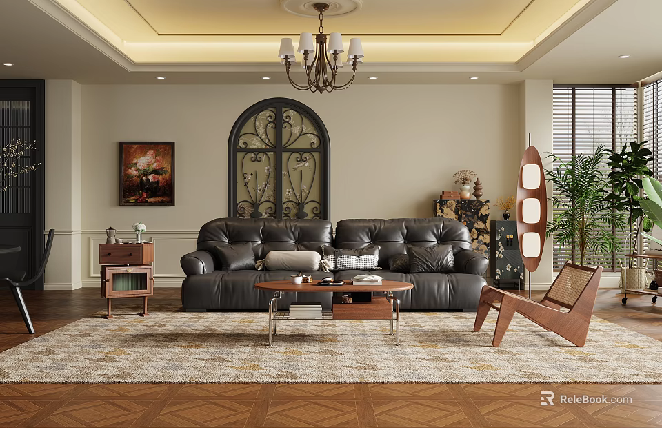 Modern Living Dining Room Interior With Black Leather Sofa Wooden Coffee Table And Chandelier 3d model 