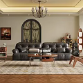 Modern Living Dining Room Interior With Black Leather Sofa Wooden Coffee Table And Chandelier