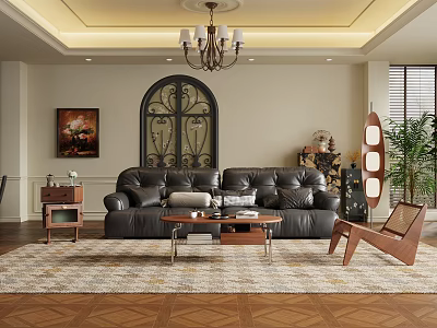 Modern Living Dining Room Interior With Black Leather Sofa Wooden Coffee Table And Chandelier 3d model