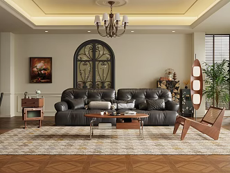 Retro home guest restaurant multi-person sofa coffee table combination 3d model