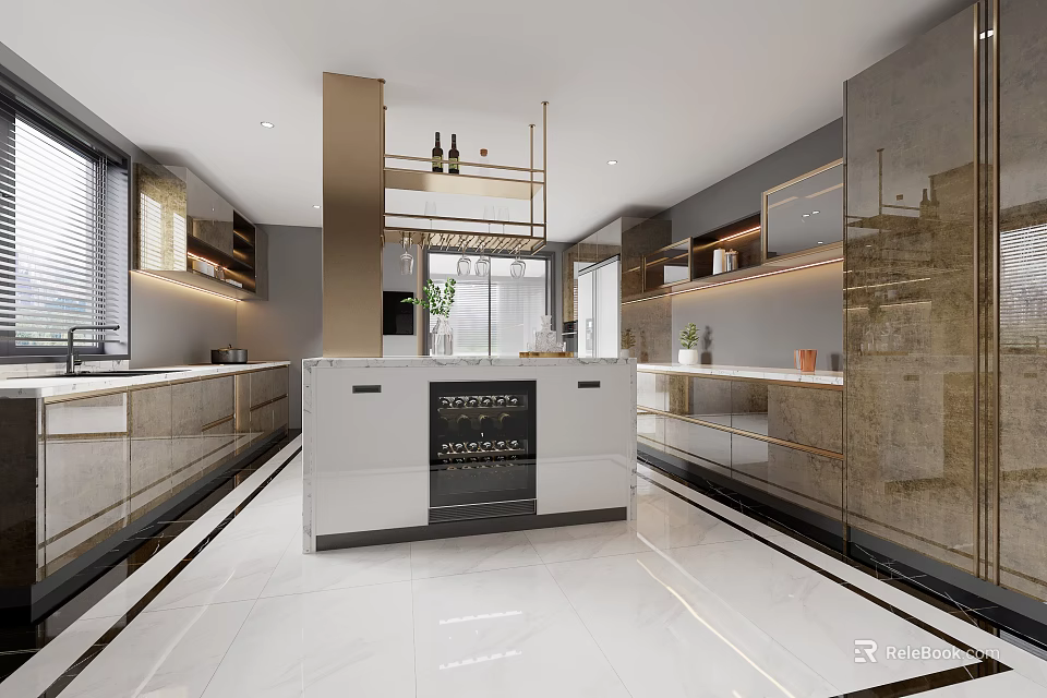 Modern Elegant Kitchen Interior With Island Counter Cabinets And Ambient Lighting 3d model 