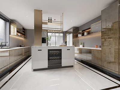 Modern Elegant Kitchen Interior With Island Counter Cabinets And Ambient Lighting 3d model