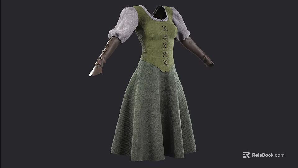 Green A Line Dress Featuring Gray Long Sleeves Brown Cuffs and Corset Lace Up Detail 3d model 