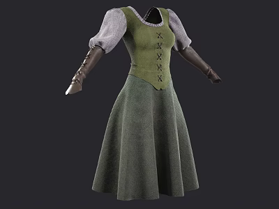 Green A Line Dress Featuring Gray Long Sleeves Brown Cuffs and Corset Lace Up Detail 3d model