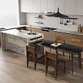 Modern Open Kitchen Interior With Dining Table Chairs Marble Island Counter And Cabinets 3d model