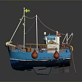 Colorful Small Boat DORY With Blue Hull Yellow Green Flag Lifebuoy And Orange Buoys