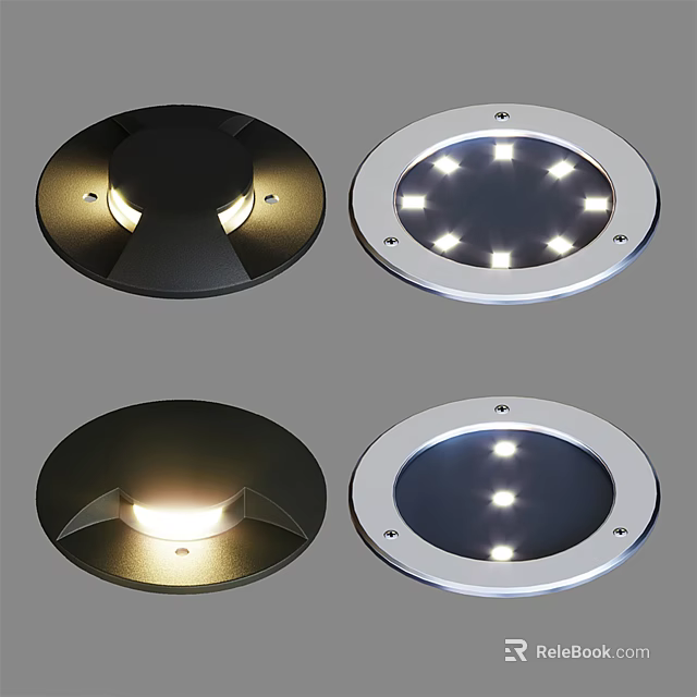 Circular Outdoor Ground Lights in Black and Silver with Illuminated Design 3d model 