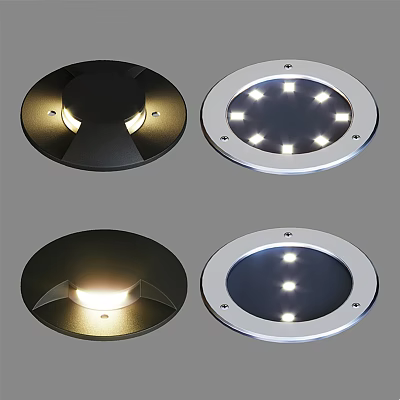 Circular Outdoor Ground Lights in Black and Silver with Illuminated Design 3d model