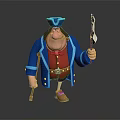 Cartoon Pirate Game Character Wearing Blue Coat Red Vest With Walking Cane And White Flag
