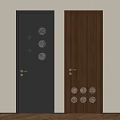 Modern Interior Doors Featuring Gray And Wooden Panels With Circular Decorations And Gold Handles
