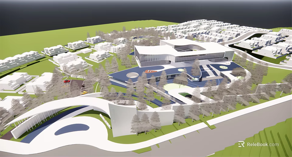 Modern Sales Office Building Design With Curved Facade And Landscaped Green Areas 3d model 