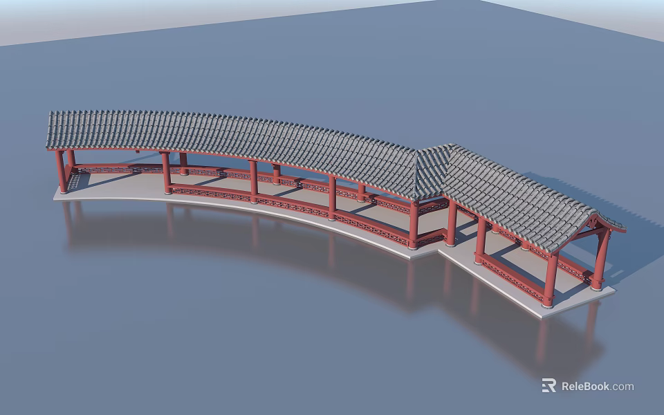 Traditional Chinese Garden Landscape With Curved Covered Walkway Red Pillars And Gray Tiles 3d model 