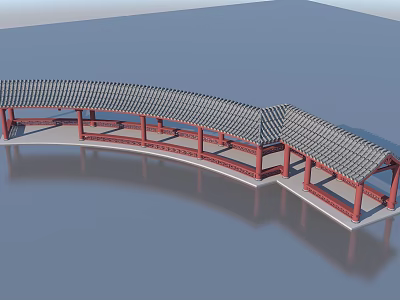 Traditional Chinese Garden Landscape With Curved Covered Walkway Red Pillars And Gray Tiles 3d model