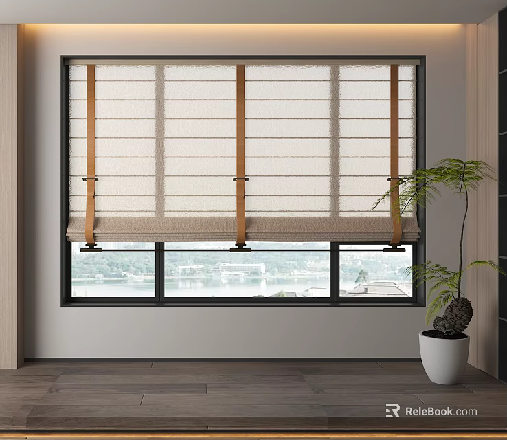 Beige Linen Roman Blinds With Wooden Accents For Window In Modern Interior With Scenic View 3d model 