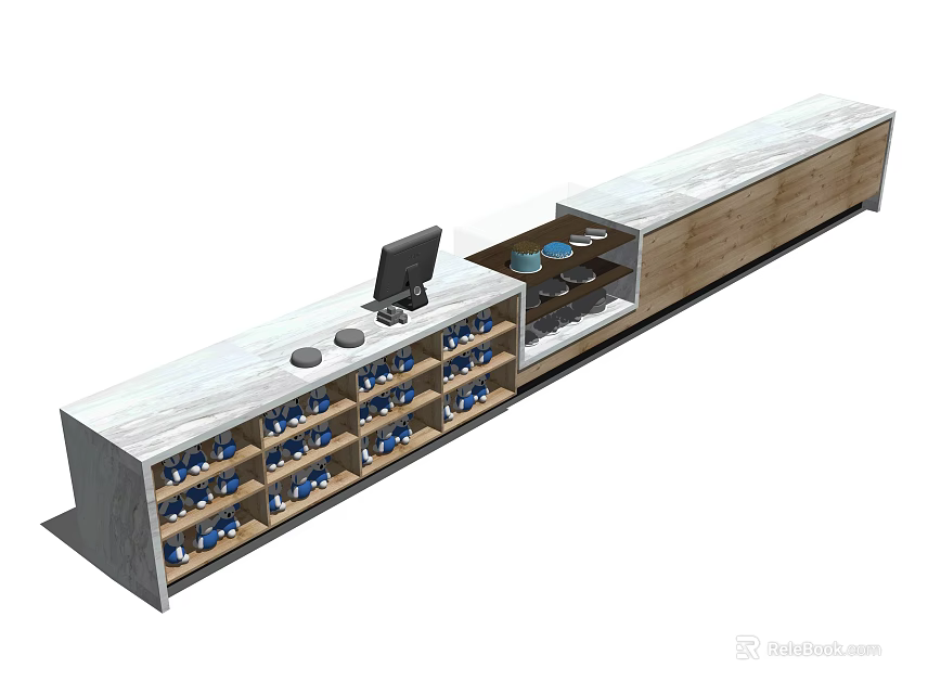Modern Reception Desk With Wooden Countertop Drawers Compartments Blue Storage And Black Device 3d model 