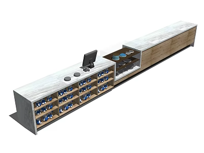 Modern Reception Desk With Wooden Countertop Drawers Compartments Blue Storage And Black Device 3d model