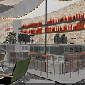 Industrial Style Restaurant Interior With Brick Wall Neon Sign Green Chairs Plants And String Lights