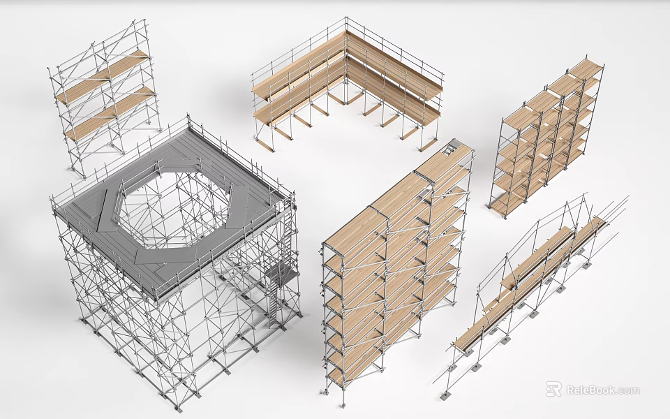 Building Exterior Wall Construction With Various Scaffolding Frames And Support Structures 3d model