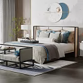 New Chinese Background Double Bed Double Bed 3d model