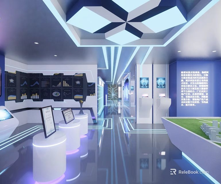 Modern Exhibition Hall With Geometric Ceiling Lights White Podiums And Digital Screens 3d model 