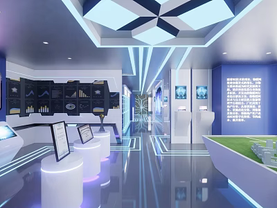 Modern Exhibition Hall With Geometric Ceiling Lights White Podiums And Digital Screens 3d model
