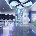 Modern Exhibition Hall With Geometric Ceiling Lights White Podiums And Digital Screens