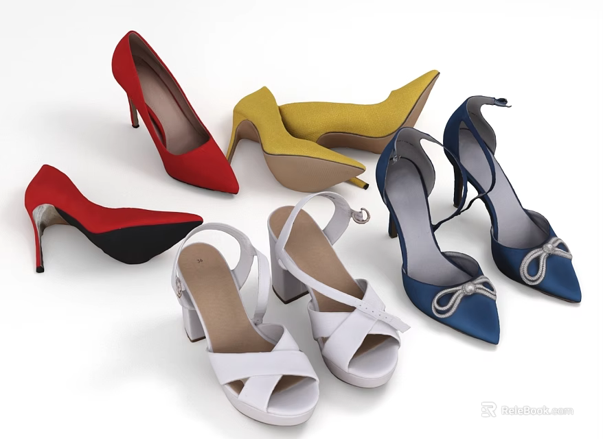 Colorful Stylish High Heels and Sandals in Red Black Yellow White Blue 3d model 