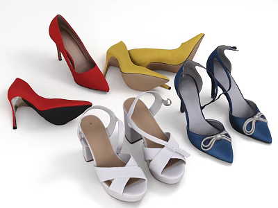 Colorful Stylish High Heels and Sandals in Red Black Yellow White Blue 3d model