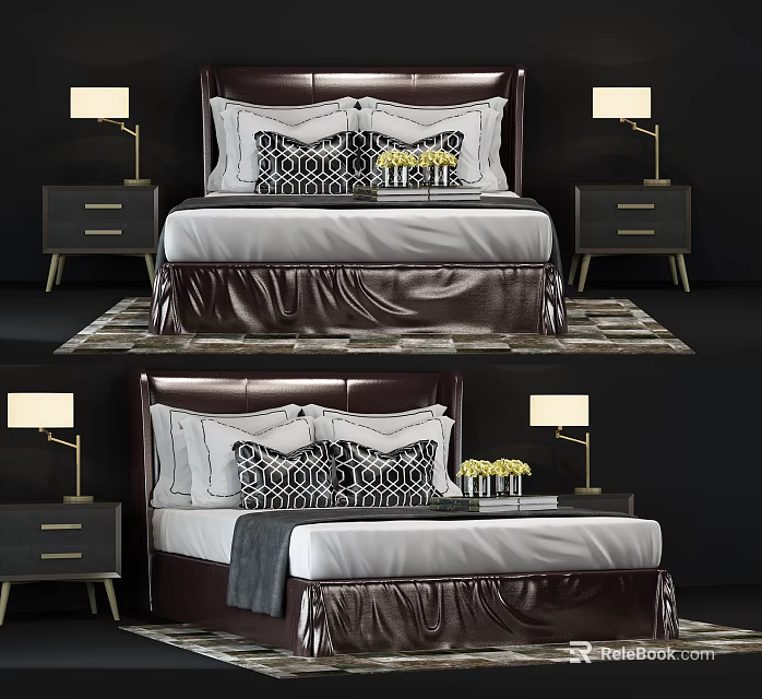 Luxury Double Bed With Leather Headboard Nightstands Table Lamps And Patterned Pillows 3d model