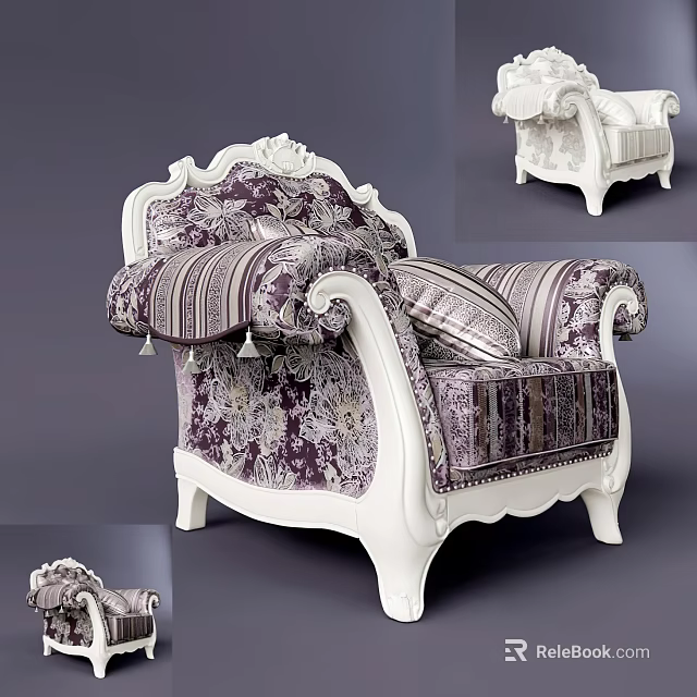 Vintage Single Sofa With White Carved Frame And Purple Floral Fabric Cushions And Tassels 3d model 
