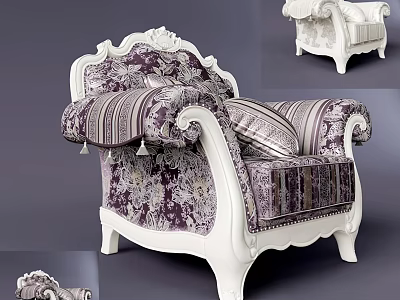 Vintage Single Sofa With White Carved Frame And Purple Floral Fabric Cushions And Tassels 3d model